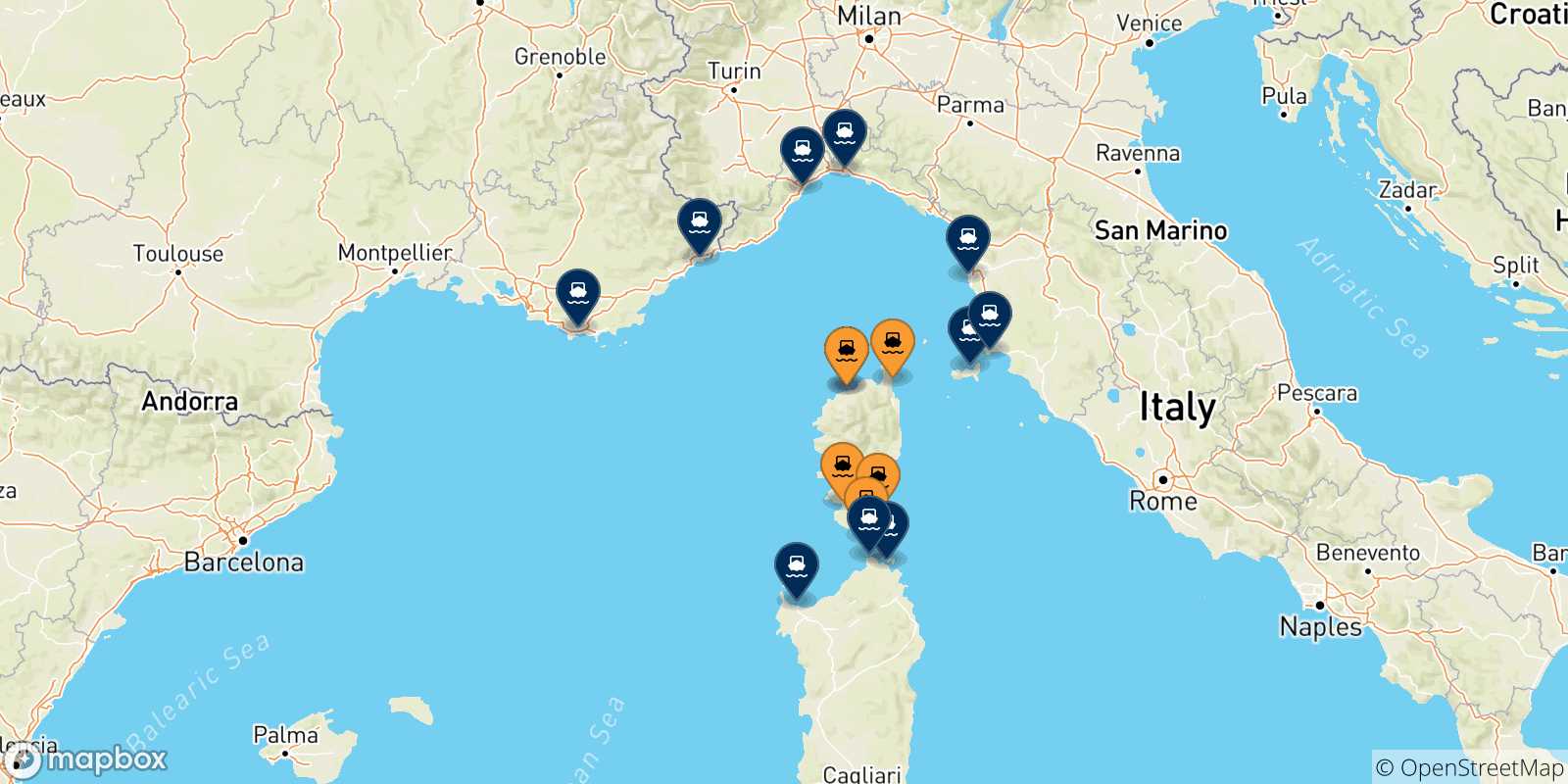 Map of the destinations reachable from Corsica