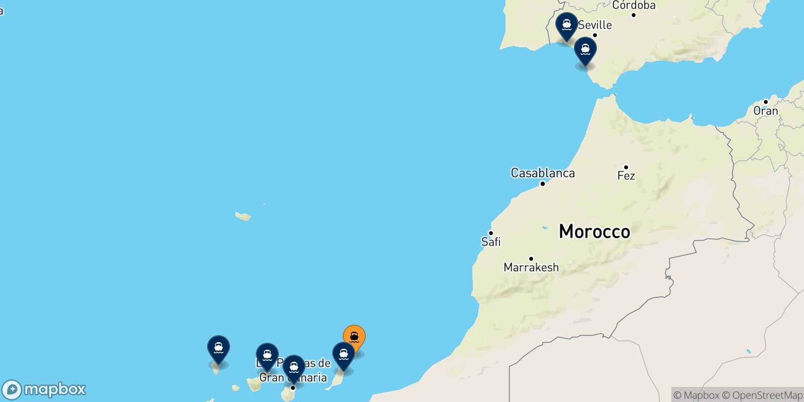 Map of the destinations reachable from Arrecife (Lanzarote)