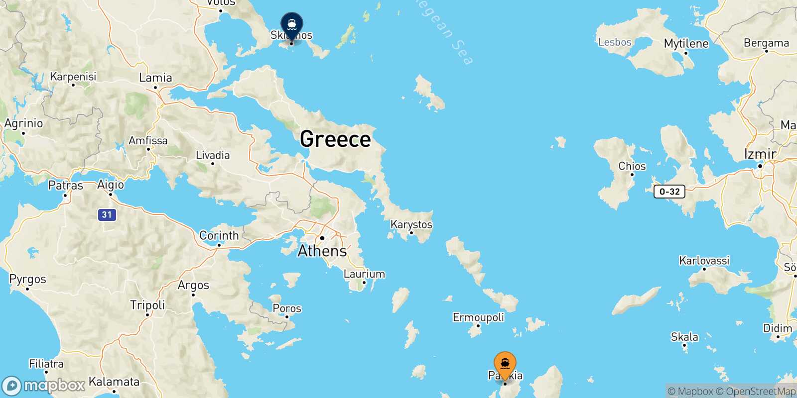 Map of the destinations reachable from Paros