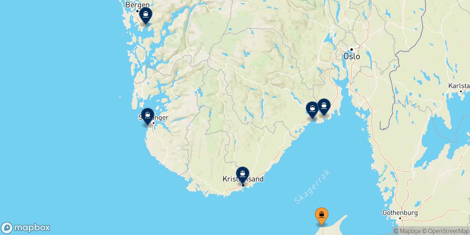 Map of the destinations reachable from Hirtshals