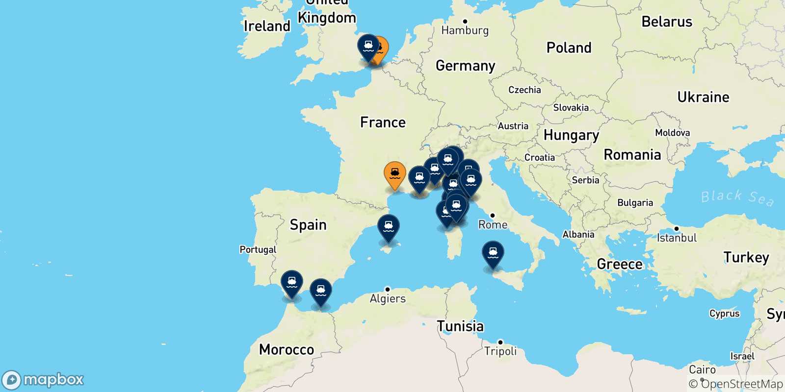 Map of the destinations reachable from France