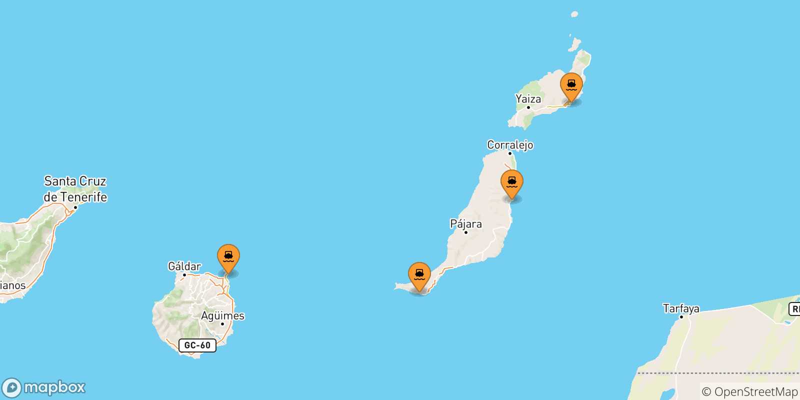 Map of the possible routes between Canary Islands and Santa Cruz De Tenerife