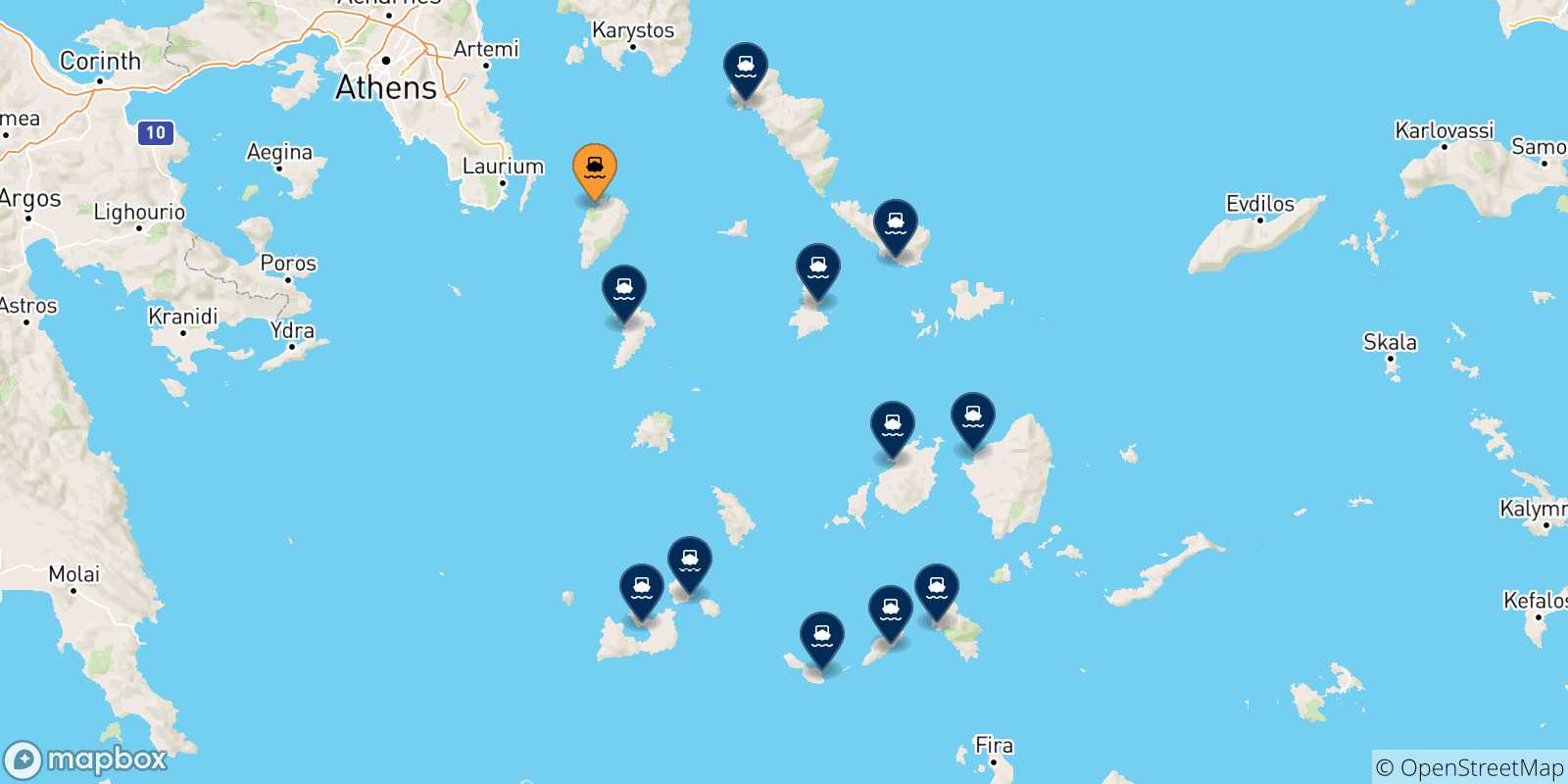 Map of the possible routes between Kea and Cyclades Islands