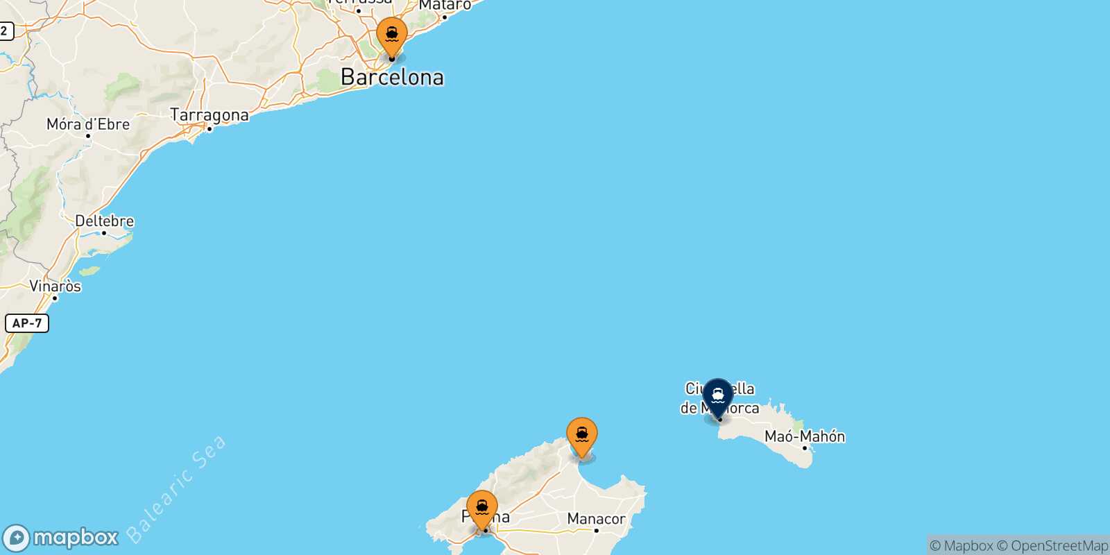 Map of the ports connected with  Ciutadella (Minorca)