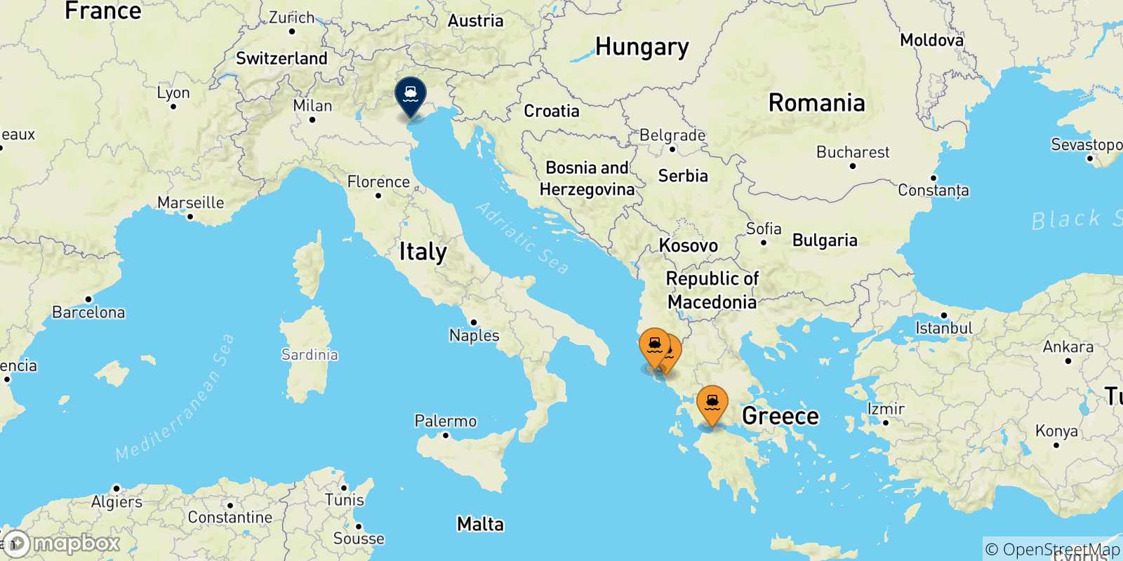 Map of the possible routes between Greece and Venice