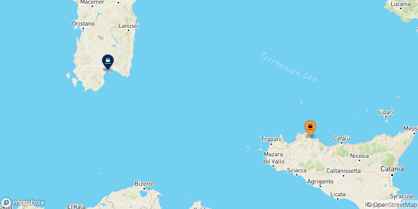 Map of the possible routes between Sicily and Sardinia