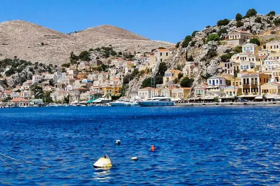 View of the port from sea on Tilos, in the Dodecanese.