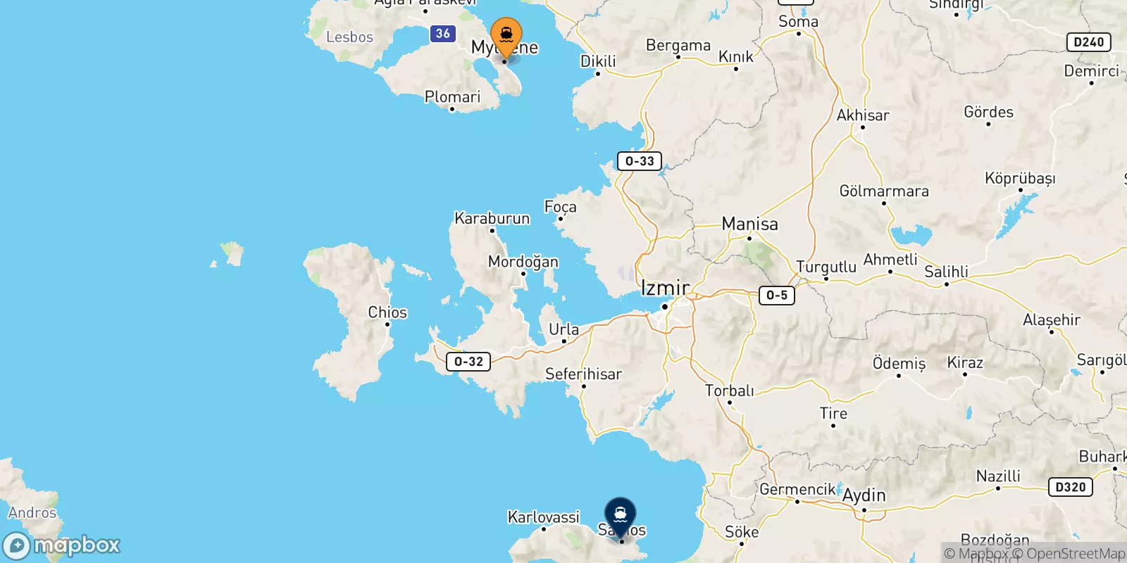 Ferries from Mytilene (Lesvos) to Vathi (Samos)