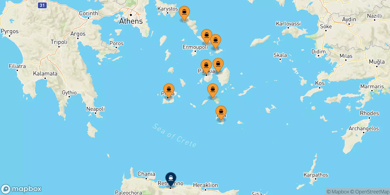 Ferries from the Cyclades Islands to Rethimno